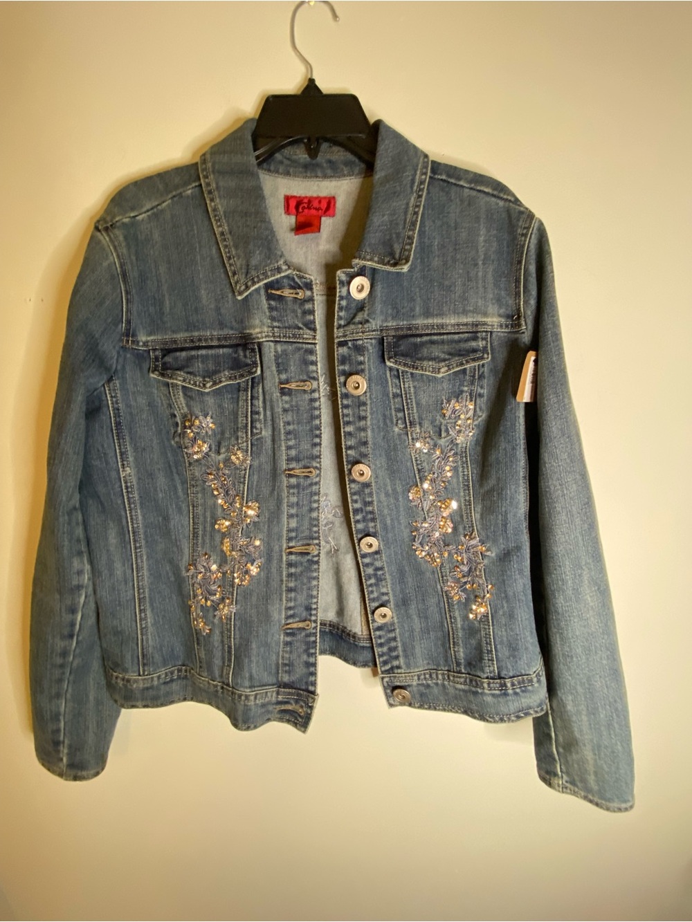 Embellished Blue Denim Jacket with Floral Crystal Detail - Women